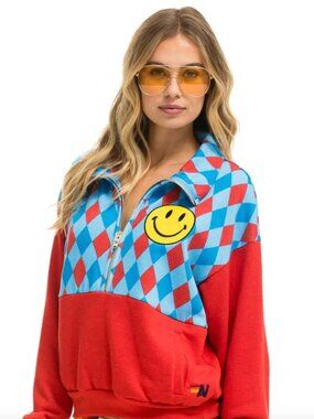 Aviator Nation DIAMOND SMILEY 2 FLEECE HALF ZIP COLOR BLOCK SWEATSHIRT